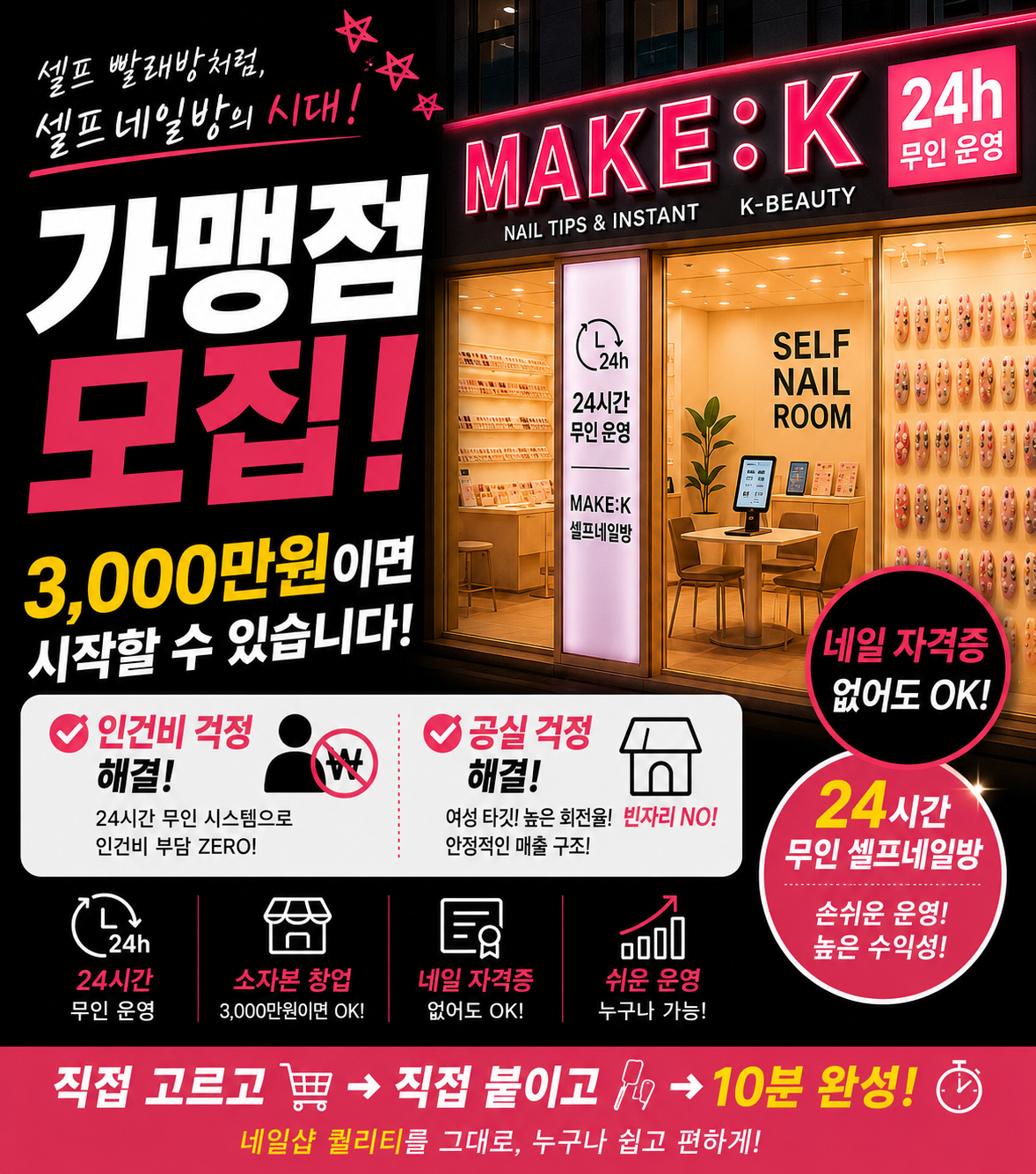 메이크케이 무인 네일팁 창업 가맹점 모집|소자본 24시간 무인 셀프네일 매장